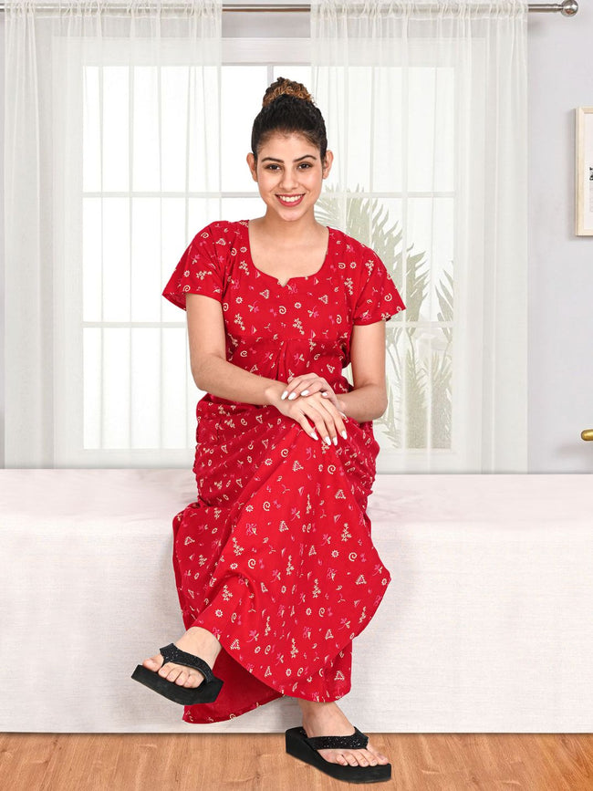 1650-Women's Pure Cotton Blended Printed Maxi Dress for Daily & Night Wear Floral Nighty