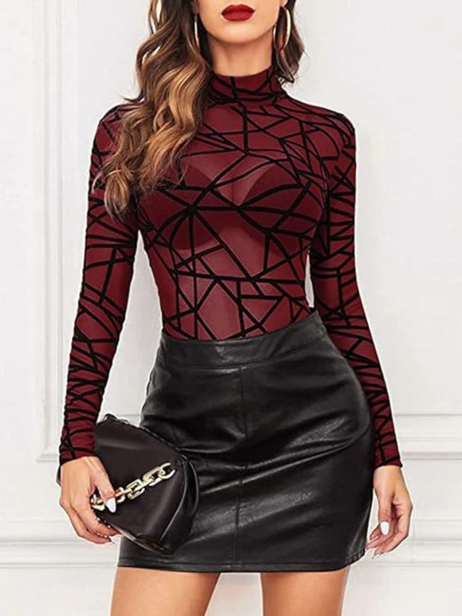 120 Maroon-Geometric Mesh Long Sleeve Bodysuit