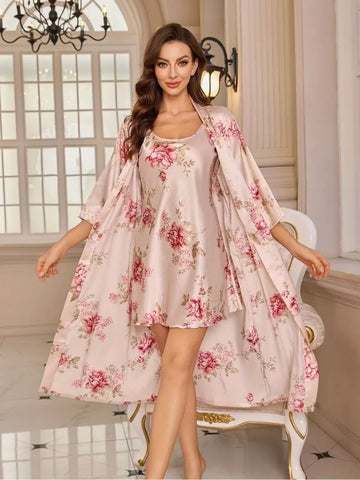 11004-Premium Pink Floral Satin Nightwear Robe Set for Women – Elegant Sleepwear & Night Dress 11004-Premium Pink Floral Satin Nightwear Robe Set for Women – Elegant Sleepwear & Night Dress