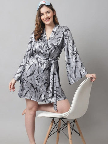 88-Elegant Grey Satin Leaf-Print Short Robe 88-Elegant Grey Satin Leaf-Print Short Robe