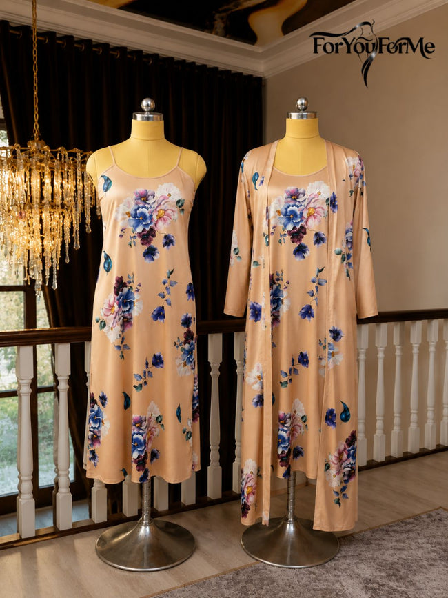 11001-Womens Floral Satin Nightdress with Robe Set