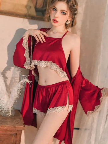 301 DN   3-Piece Satin Nightwear Set with Lace Trim – Robe, Cami & Shorts 301 DN   3-Piece Satin Nightwear Set with Lace Trim – Robe, Cami & Shorts