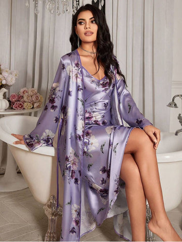11001-Purple Floral Satin Nightdress with Robe 11001-Purple Floral Satin Nightdress with Robe