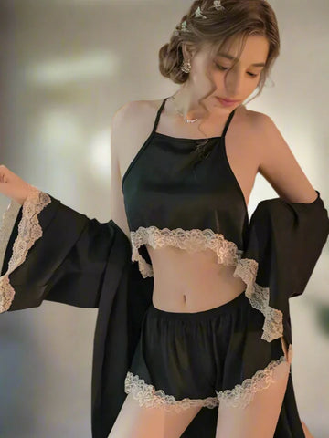 301 DN   3-Piece Satin Nightwear Set with Lace Trim – Robe, Cami & Shorts 301 DN   3-Piece Satin Nightwear Set with Lace Trim – Robe, Cami & Shorts