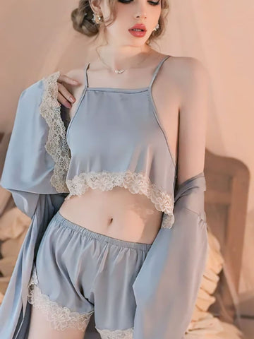301 DN   3-Piece Satin Nightwear Set with Lace Trim – Robe, Cami & Shorts 301 DN   3-Piece Satin Nightwear Set with Lace Trim – Robe, Cami & Shorts