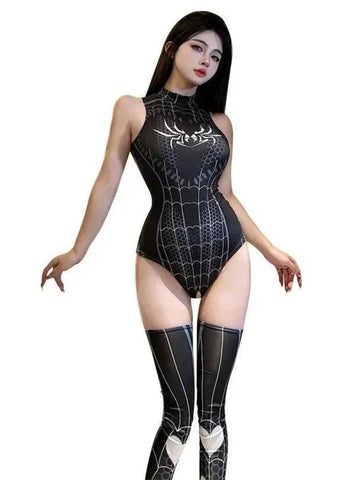 501-Black Spider Web Bodysuit with Heart Print Stockings Set 501-Black Spider Web Bodysuit with Heart Print Stockings Set