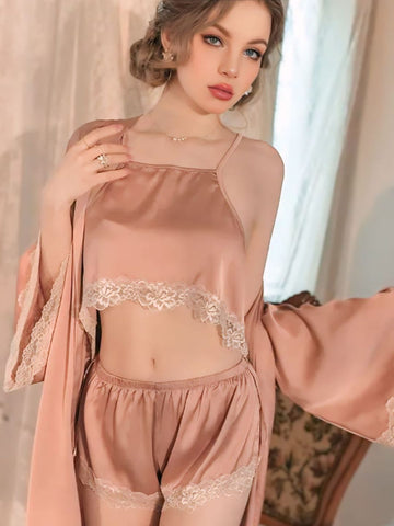 301 DN   3-Piece Satin Nightwear Set with Lace Trim – Robe, Cami & Shorts 301 DN   3-Piece Satin Nightwear Set with Lace Trim – Robe, Cami & Shorts
