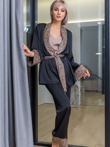 11007-Luxury Black Satin 3-Piece Nightwear Set for Women | Printed Border Robe & Pyjama Set 11007-Luxury Black Satin 3-Piece Nightwear Set for Women | Printed Border Robe & Pyjama Set