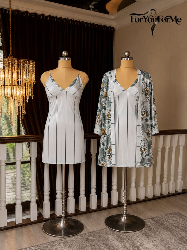11022 - Women Grey Satin Slip Nightdress with Floral Print Robe