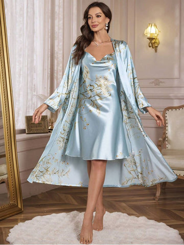 11003-Sky Floral Satin Nightwear Robe Set for Women – Elegant Night Dress & Sleepwear 11003-Sky Floral Satin Nightwear Robe Set for Women – Elegant Night Dress & Sleepwear