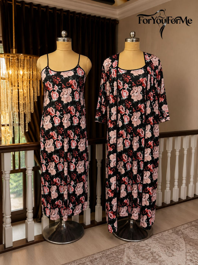 11051-Womens Black Floral Printed Nightdress with Robe