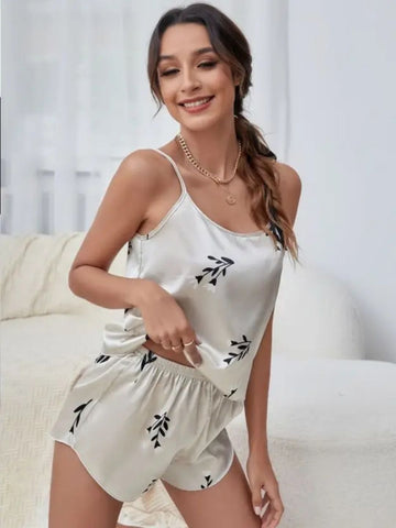 30-Celestial Print Satin Camisole & Shorts Nightwear Set 30-Celestial Print Satin Camisole & Shorts Nightwear Set