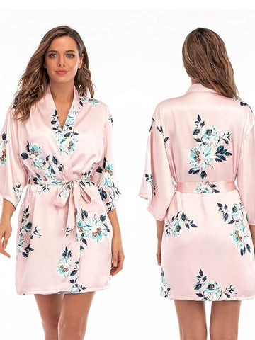 93 Pink-Women's Satin Floral Nightdress and Robe Set 93 Pink-Women's Satin Floral Nightdress and Robe Set