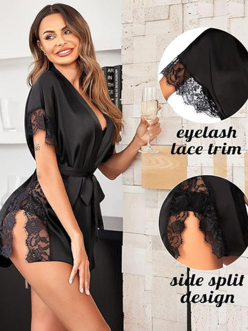 201 Black-Women's Satin Short Robe with Lace Trim 201 Black-Women's Satin Short Robe with Lace Trim