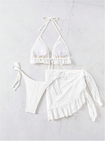 2001-White Crochet Bikini Bralette with Matching Wrap Skirt Set 2001-White Crochet Bikini Bralette with Matching Wrap Skirt Set