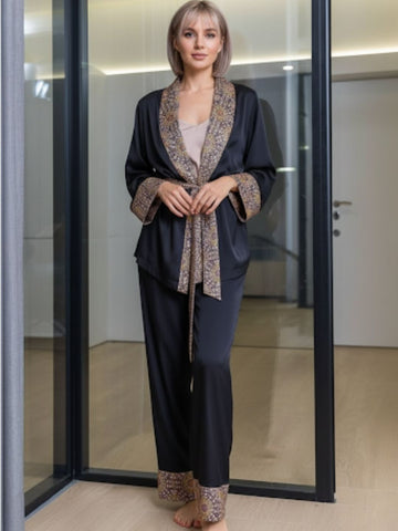 11007-Luxury Black Satin 3-Piece Nightwear Set for Women | Printed Border Robe & Pyjama Set 11007-Luxury Black Satin 3-Piece Nightwear Set for Women | Printed Border Robe & Pyjama Set