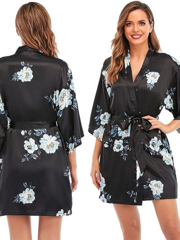 93 BLACK-Women's Satin Floral Nightdress and Robe Set 93 BLACK-Women's Satin Floral Nightdress and Robe Set