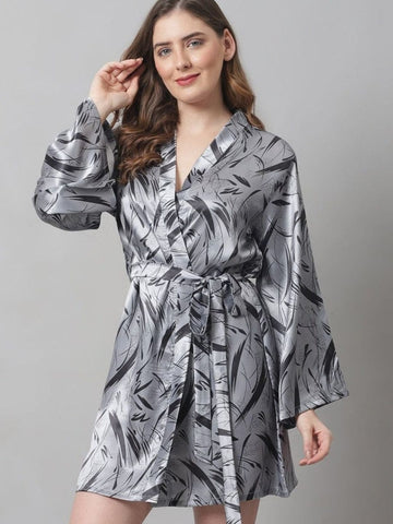 88-Elegant Grey Satin Leaf-Print Short Robe 88-Elegant Grey Satin Leaf-Print Short Robe