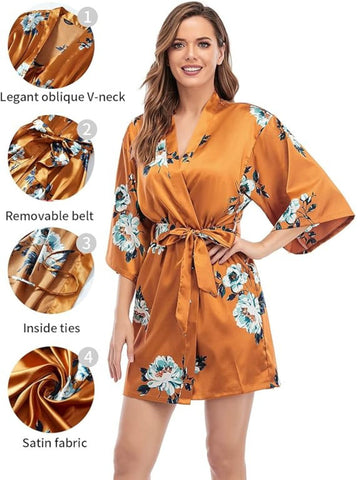 93 Orange-Women's Satin Floral Nightdress and Robe Set 93 Orange-Women's Satin Floral Nightdress and Robe Set