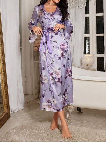 11001-Purple Floral Satin Nightdress with Robe 11001-Purple Floral Satin Nightdress with Robe
