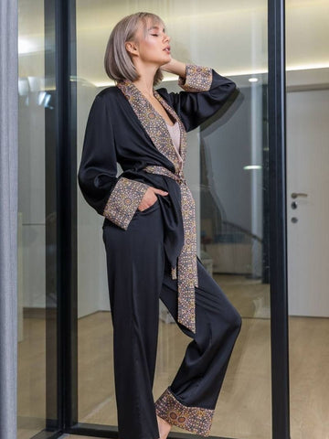 11007-Luxury Black Satin 3-Piece Nightwear Set for Women | Printed Border Robe & Pyjama Set 11007-Luxury Black Satin 3-Piece Nightwear Set for Women | Printed Border Robe & Pyjama Set