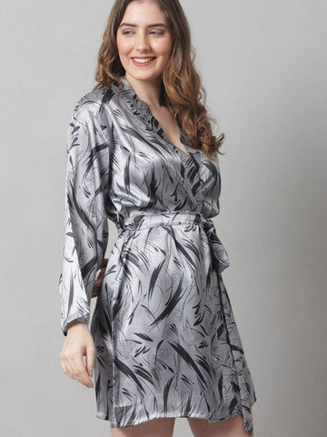 88-Elegant Grey Satin Leaf-Print Short Robe 88-Elegant Grey Satin Leaf-Print Short Robe
