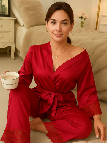 11002-Maroon Satin Nightwear Set with Lace Trim | Luxury Sleepwear For Women 11002-Maroon Satin Nightwear Set with Lace Trim | Luxury Sleepwear For Women