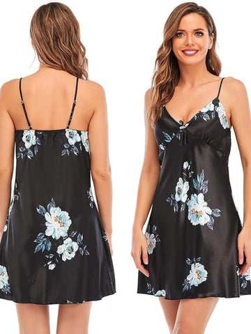 93 BLACK-Women's Satin Floral Nightdress and Robe Set 93 BLACK-Women's Satin Floral Nightdress and Robe Set