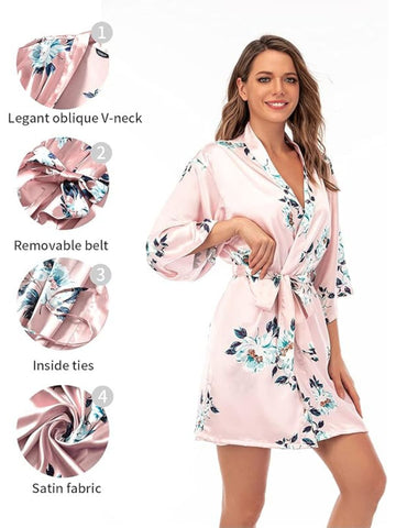 93 Pink-Women's Satin Floral Nightdress and Robe Set 93 Pink-Women's Satin Floral Nightdress and Robe Set