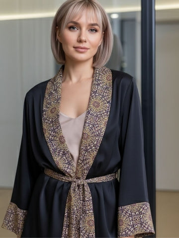 11007-Luxury Black Satin 3-Piece Nightwear Set for Women | Printed Border Robe & Pyjama Set 11007-Luxury Black Satin 3-Piece Nightwear Set for Women | Printed Border Robe & Pyjama Set