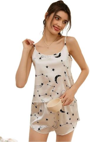 17-Celestial Print Satin Camisole & Shorts Nightwear Set 17-Celestial Print Satin Camisole & Shorts Nightwear Set