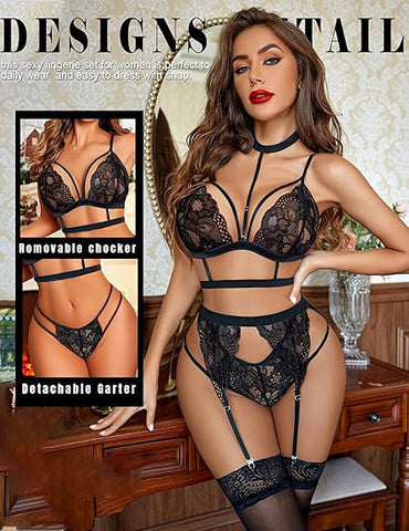 83-Seductive Black Lace Strappy Lingerie Set with Garter Belt & Stockings 83-Seductive Black Lace Strappy Lingerie Set with Garter Belt & Stockings