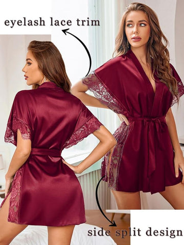 201 Wine-Women's Satin Short Robe with Lace Trim 201 Wine-Women's Satin Short Robe with Lace Trim