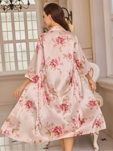 11004-Premium Pink Floral Satin Nightwear Robe Set for Women – Elegant Sleepwear & Night Dress 11004-Premium Pink Floral Satin Nightwear Robe Set for Women – Elegant Sleepwear & Night Dress
