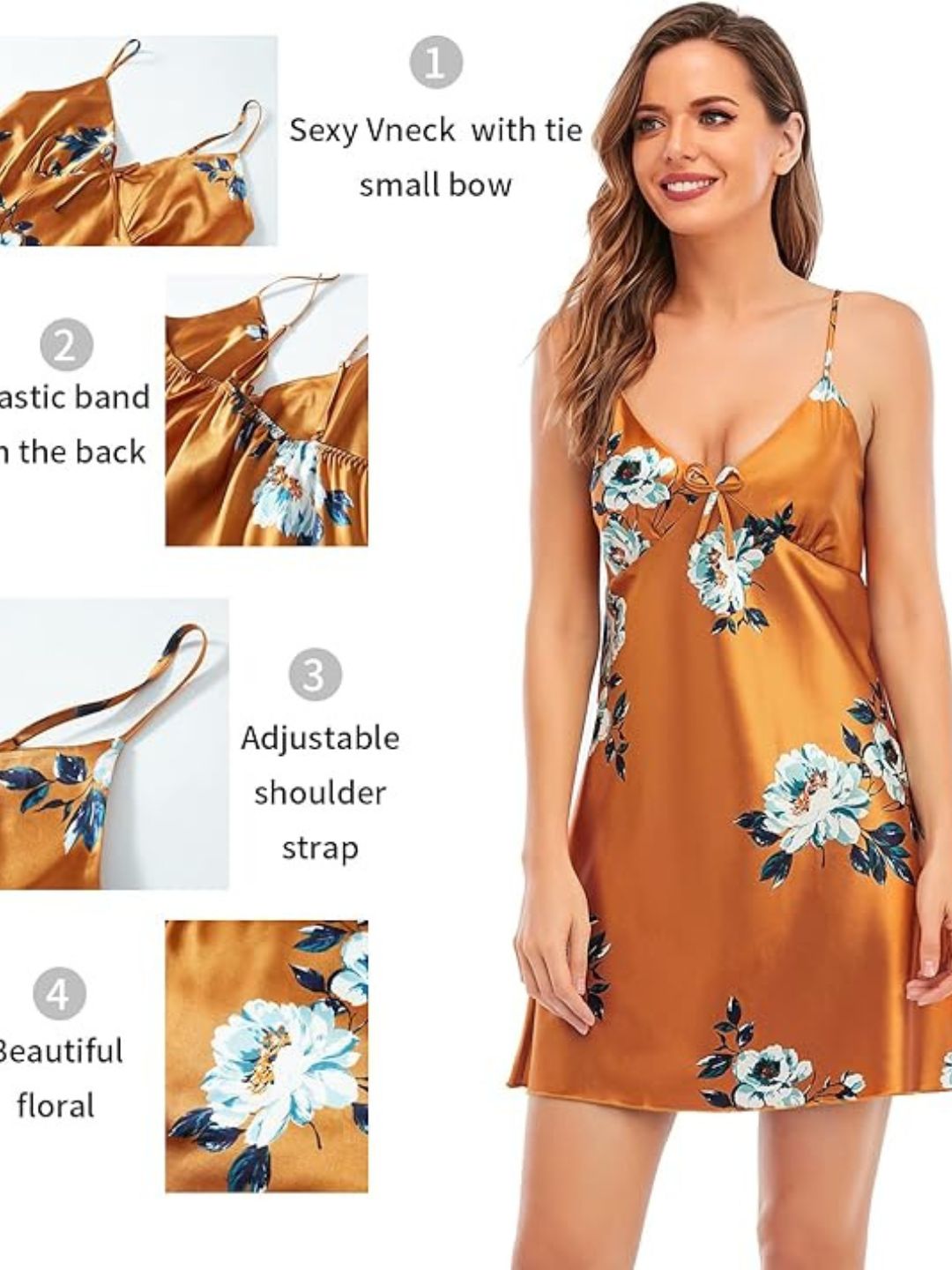 93 Orange-Women's Satin Floral Nightdress and Robe Set