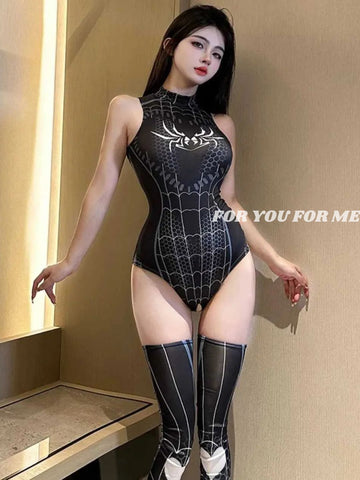501-Black Spider Web Bodysuit with Heart Print Stockings Set 501-Black Spider Web Bodysuit with Heart Print Stockings Set