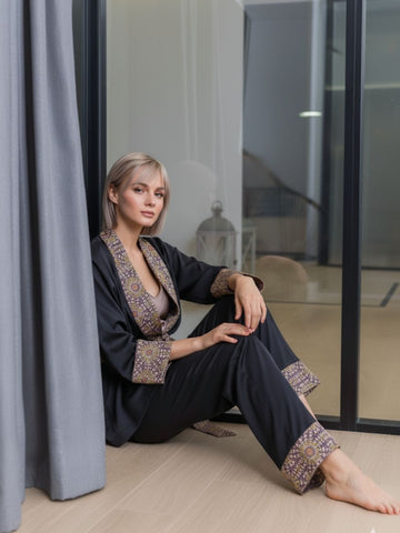 11007-Luxury Black Satin 3-Piece Nightwear Set for Women | Printed Border Robe & Pyjama Set 11007-Luxury Black Satin 3-Piece Nightwear Set for Women | Printed Border Robe & Pyjama Set