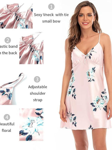 93 Pink-Women's Satin Floral Nightdress and Robe Set 93 Pink-Women's Satin Floral Nightdress and Robe Set