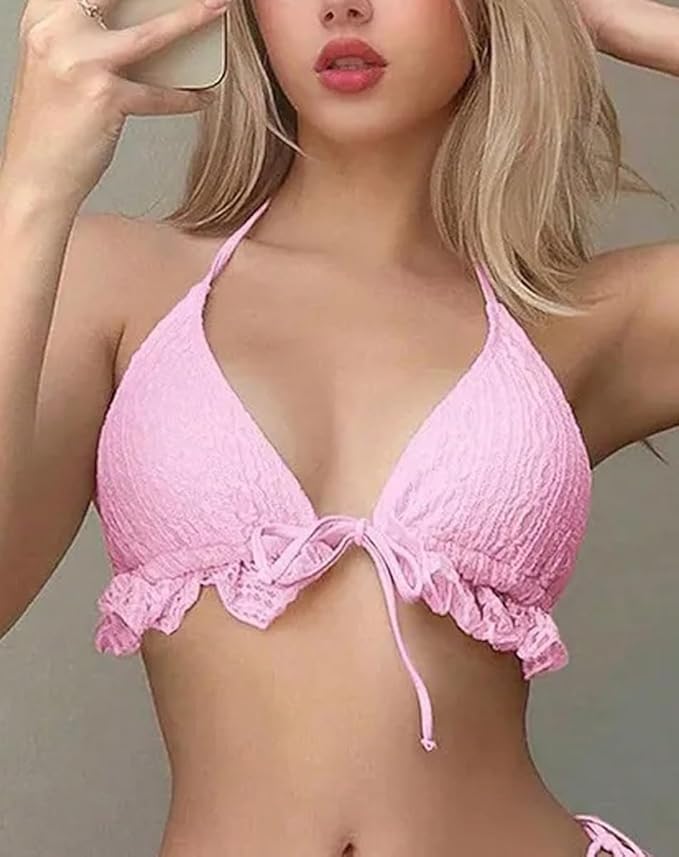 2001-Pink Crochet Bikini Bralette with Matching Wrap Skirt Set