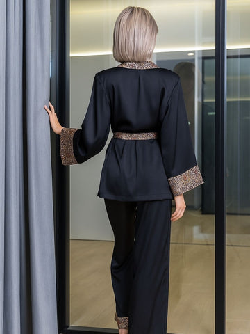 11007-Luxury Black Satin 3-Piece Nightwear Set for Women | Printed Border Robe & Pyjama Set 11007-Luxury Black Satin 3-Piece Nightwear Set for Women | Printed Border Robe & Pyjama Set