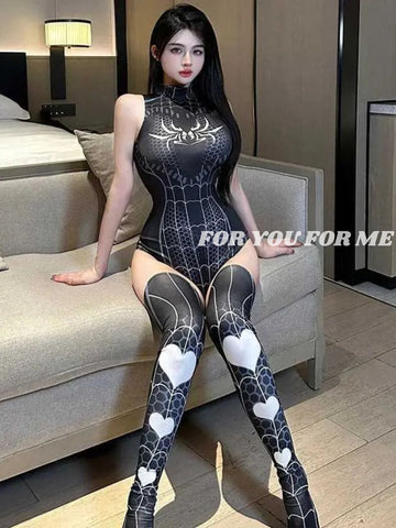 501-Black Spider Web Bodysuit with Heart Print Stockings Set 501-Black Spider Web Bodysuit with Heart Print Stockings Set