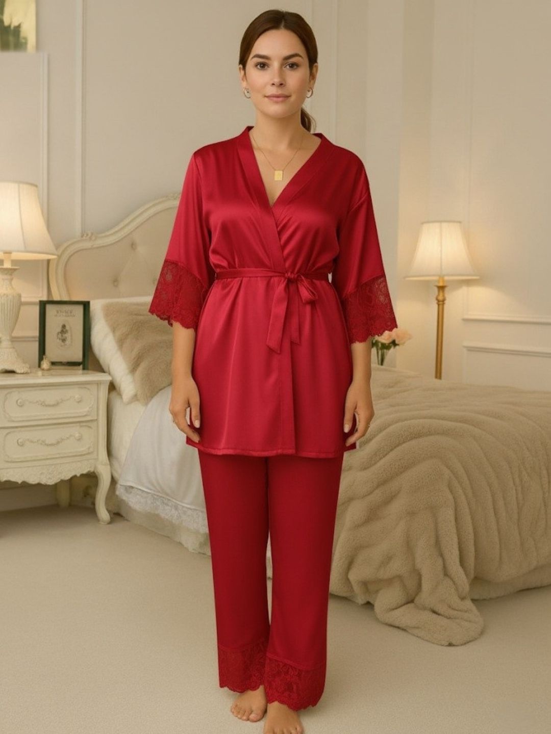 11002-Grey Satin Nightwear Set with Lace Trim | Luxury Sleepwear For Women