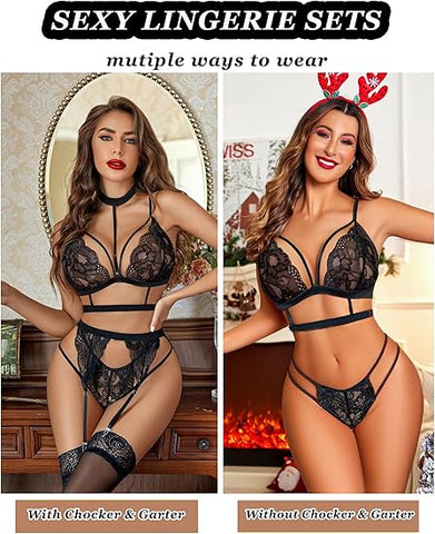 83-Seductive Black Lace Strappy Lingerie Set with Garter Belt & Stockings 83-Seductive Black Lace Strappy Lingerie Set with Garter Belt & Stockings