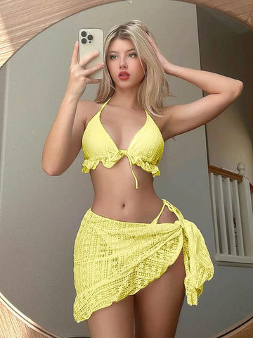 2001-Yellow Crochet Bikini Bralette with Matching Wrap Skirt Set 2001-Yellow Crochet Bikini Bralette with Matching Wrap Skirt Set