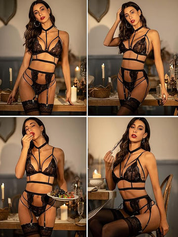 83-Seductive Black Lace Strappy Lingerie Set with Garter Belt & Stockings 83-Seductive Black Lace Strappy Lingerie Set with Garter Belt & Stockings