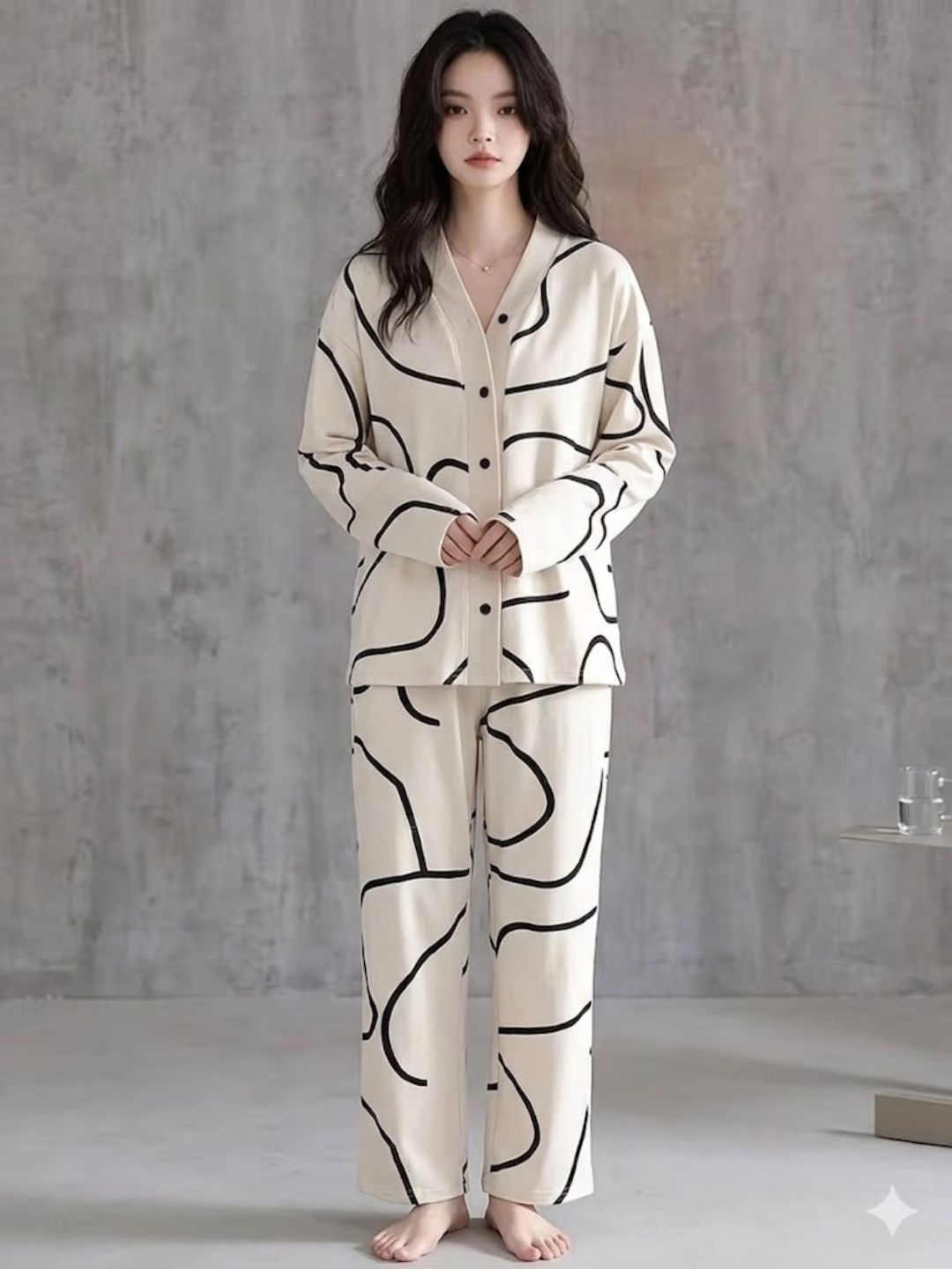 11034-Women Black Abstract Printed Shirt Collar Night Suit Set
