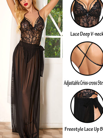 56-Black 2-Piece Black Lingerie Set – Deep V Lace Teddy & Mesh Wrap Skirt 56-Black 2-Piece Black Lingerie Set – Deep V Lace Teddy & Mesh Wrap Skirt