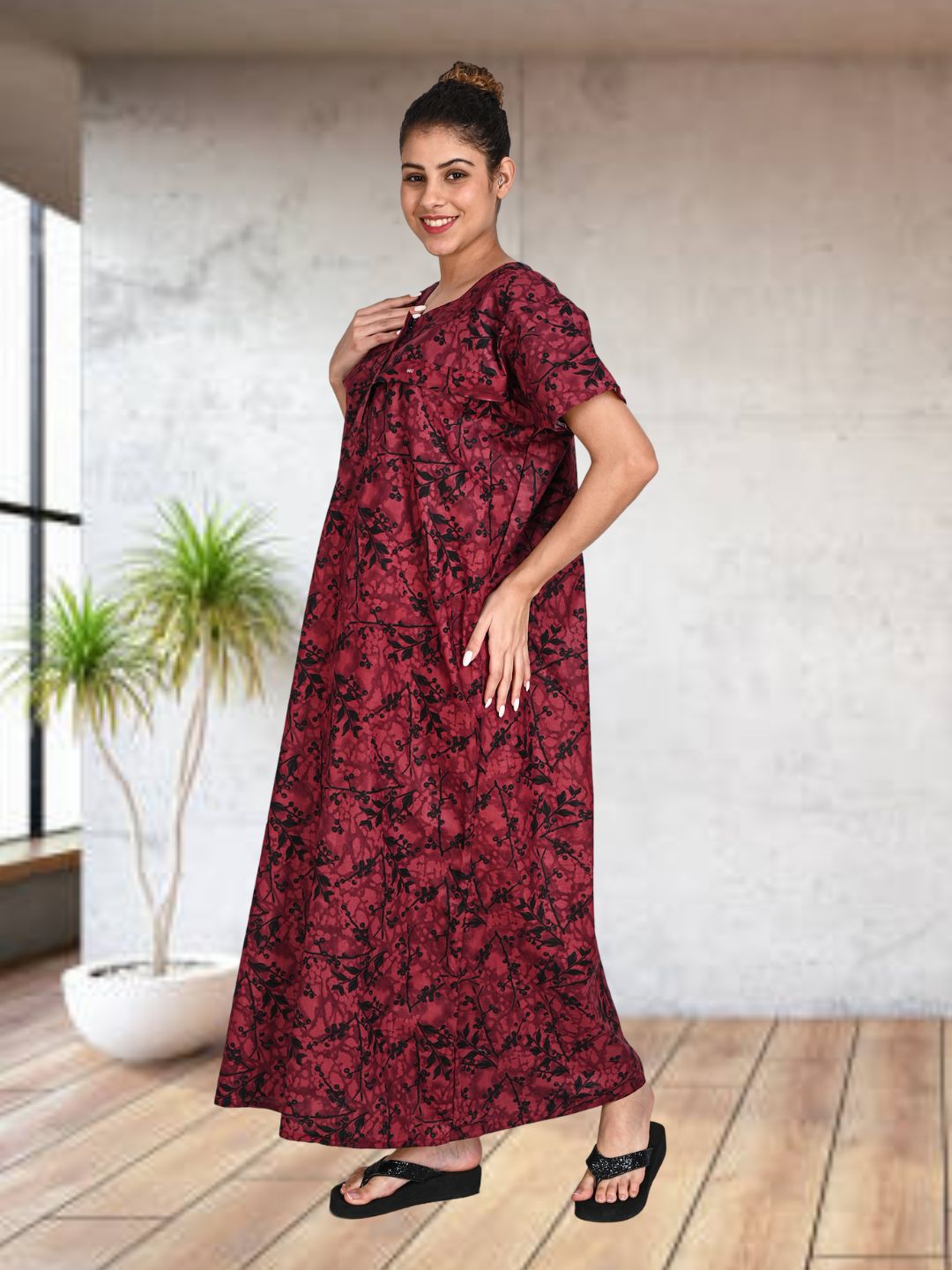 1502-Women's Pure Cotton Blended Printed Maxi Dress for Daily & Night Wear Floral Nighty