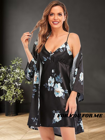 93 BLACK-Women's Satin Floral Nightdress and Robe Set 93 BLACK-Women's Satin Floral Nightdress and Robe Set