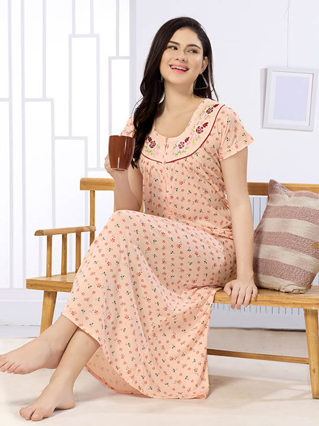 Women's Pure Cotton Blended Printed Maxi Dress for Daily & Night Wear Floral Nighty